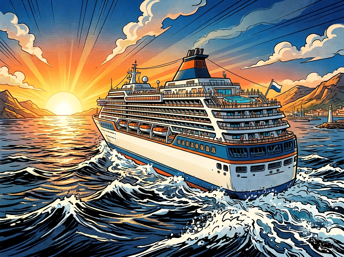 Ocean Odyssey cruise ship sailing towards sunset with passengers on deck and mountainous coastline
